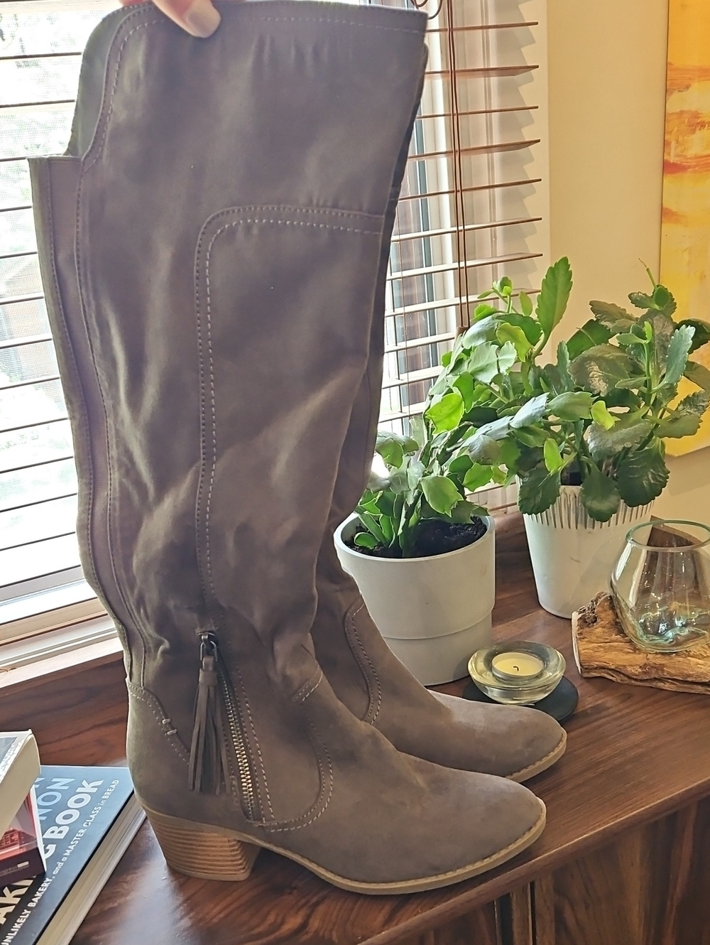Women's Tall Taupe Suede Riding Boots with Tassel Zip